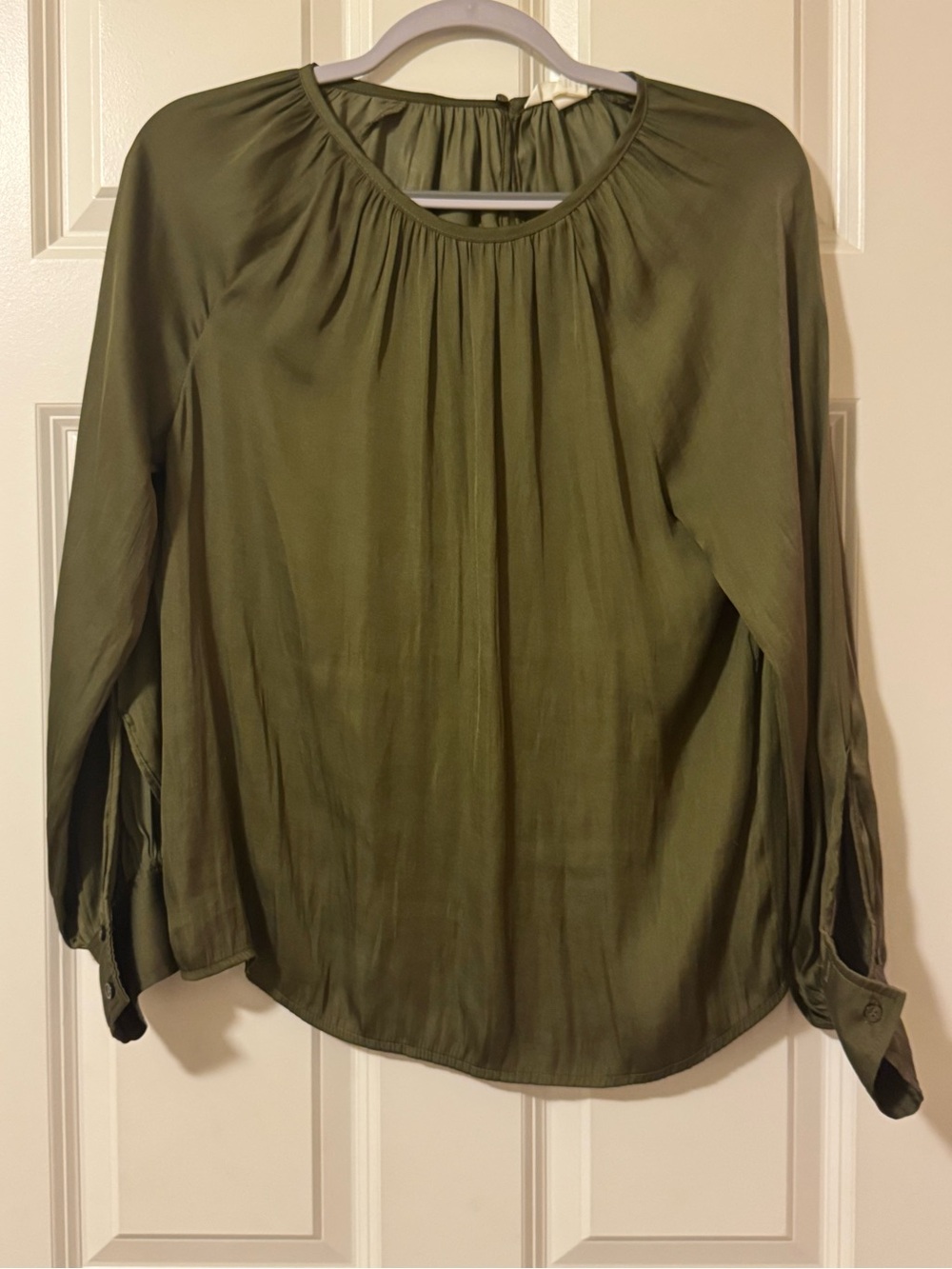 H&M Olive Green Long-Sleeve Gathered Yoke Blouse